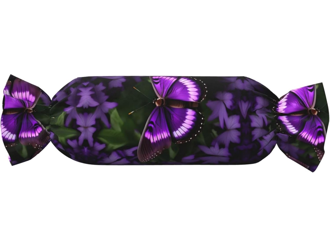 Linda Almofada Cilíndrica Formato de Doce com Estampa Borboleta Roxa 100 % Poliéster Ideal para Viagens, Casa