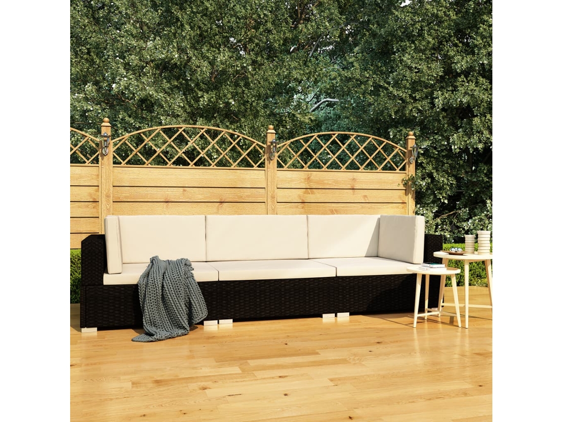 Vidaxl 3 Pcs Conjunto Sofás De Jardim C/ Almofadões Vime Pe Preto
