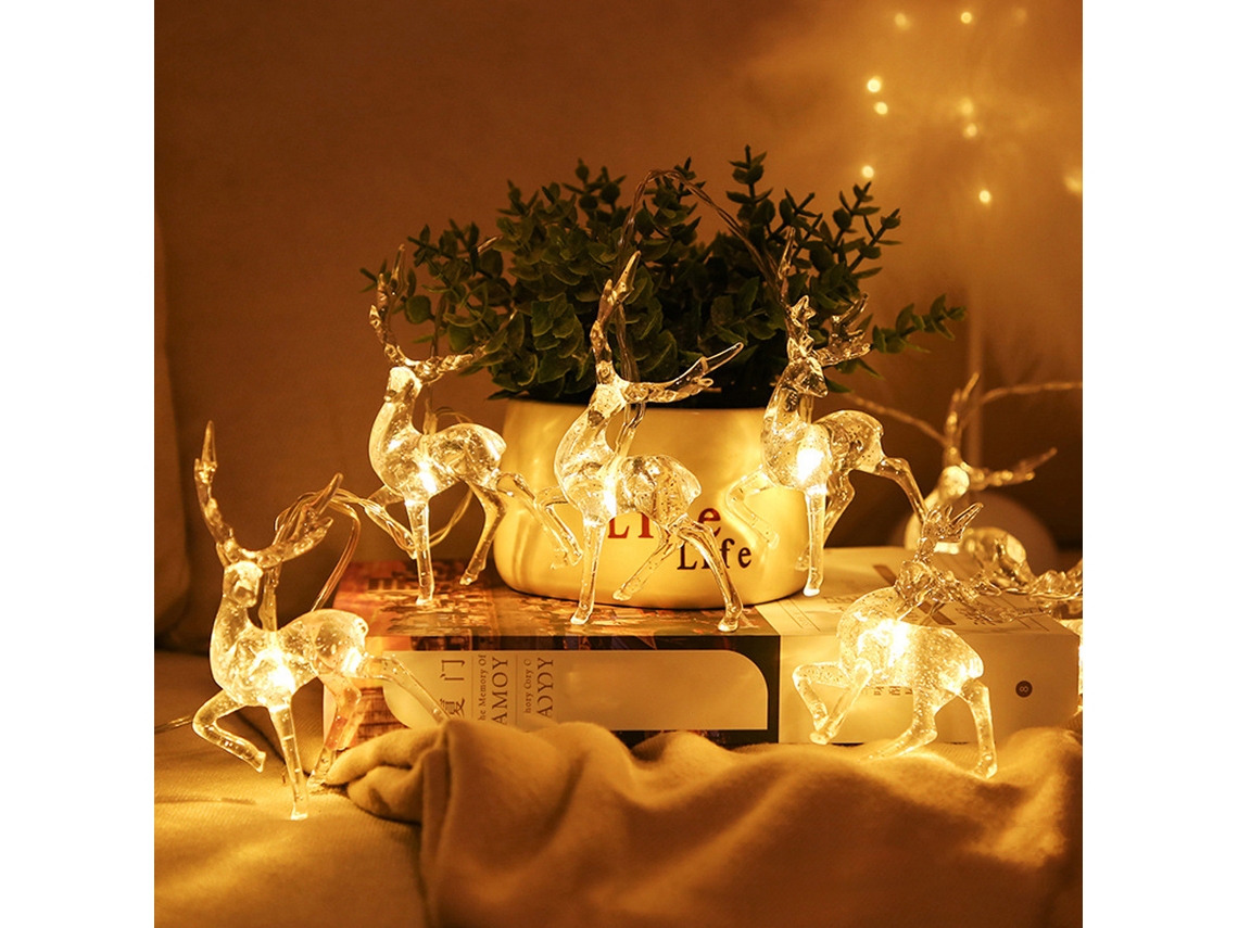 Luzes de Natal com rena interior 10 LED branco quente USB S/MARCA