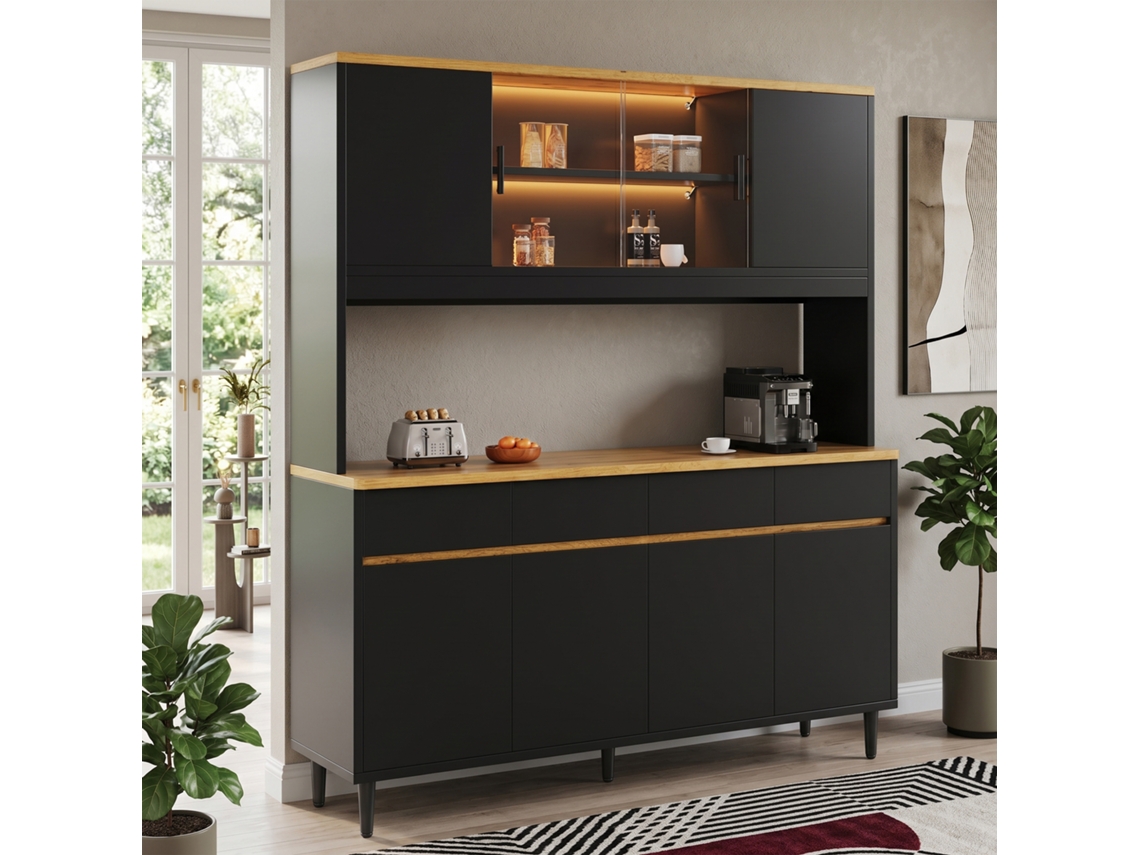 Armário Alto Sala De Jantar 160×40×185cm, Múltiplos Espaços De Arrumação, Tomada E Portas Usb, Faixa Luminosa Preta Acabamento Carvalho