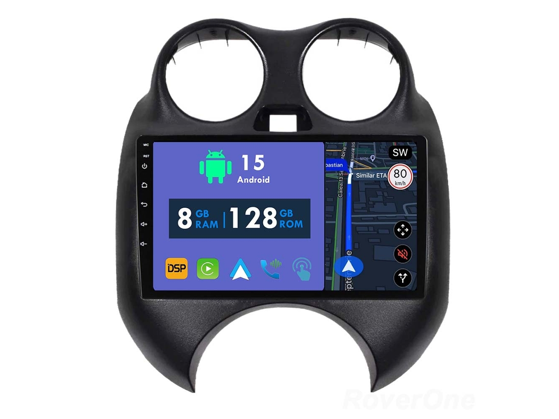 Auto Rádio Carro Bluetooth Autoradio 8GB RAM 128G ROM CarPlay Navegação GPS Ecrã Táctil RoverOne para Nissan March K13 2010-2013  