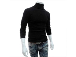 Suéter De Gola Alta Masculino De Tricô De Algodão Blend, Manga Longa, Casual, Tamanho Regular, Inverno E Primavera Preto