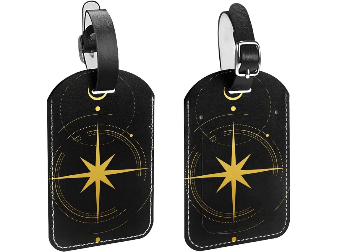 Conjunto De 2 Etiquetas Bagagem Em Couro Pu Preto Com Estampa Lua E Estrelas
