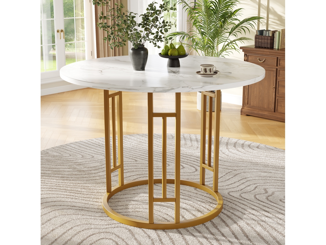 Mesa Redonda 80x80 Cm NOVELA de Jantar com Pernas de Metal e Superfície em Mármore Dourado