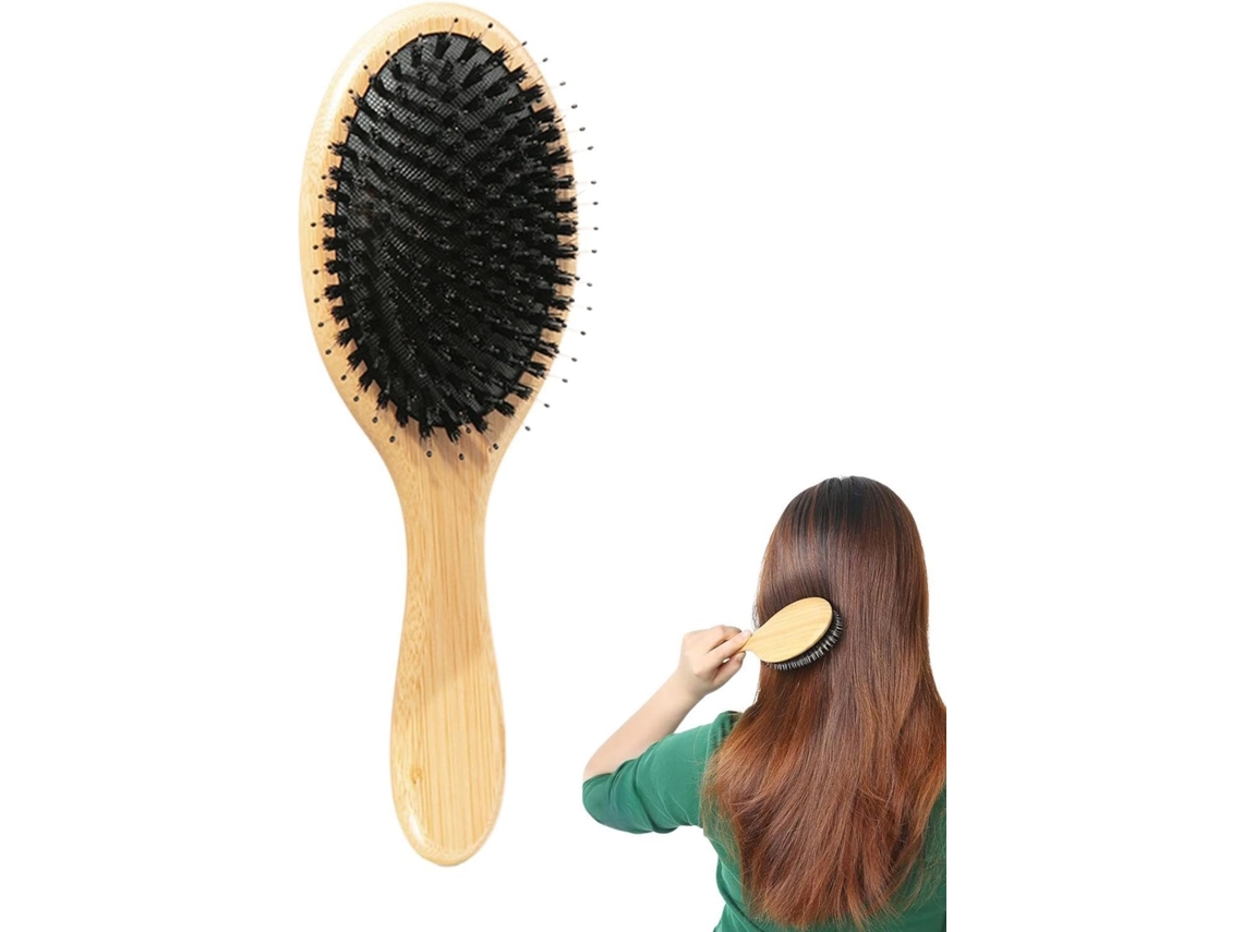 Escova De Cabelo Feminina Com Cerdas Javali Naturais Suavizantes E Cabo Madeira Tipo Raquete Para Cabelos Secos