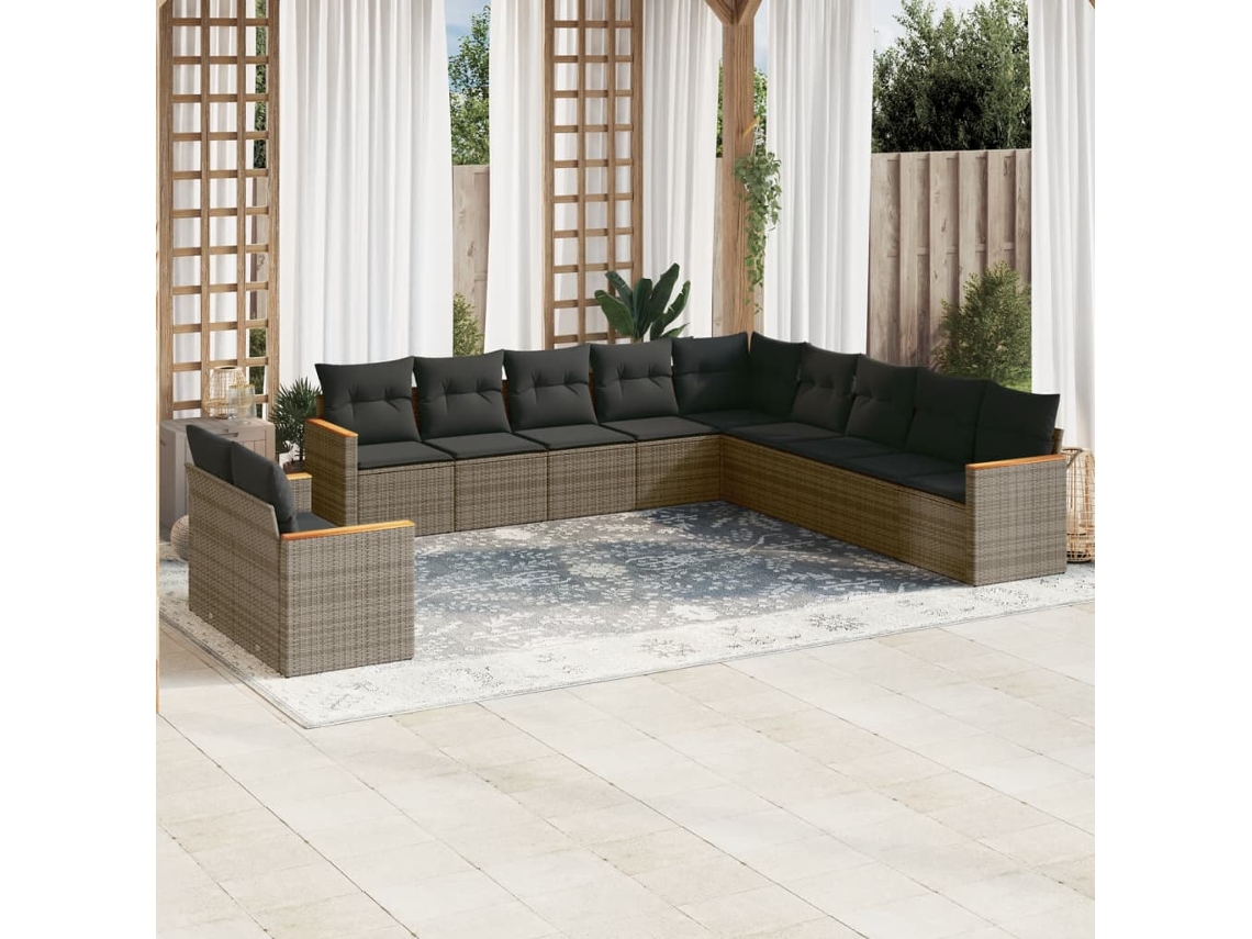 Vidaxl 11 Pcs Conjunto Sofás de Jardim C/ Almofadões Vime Pe Cinzento