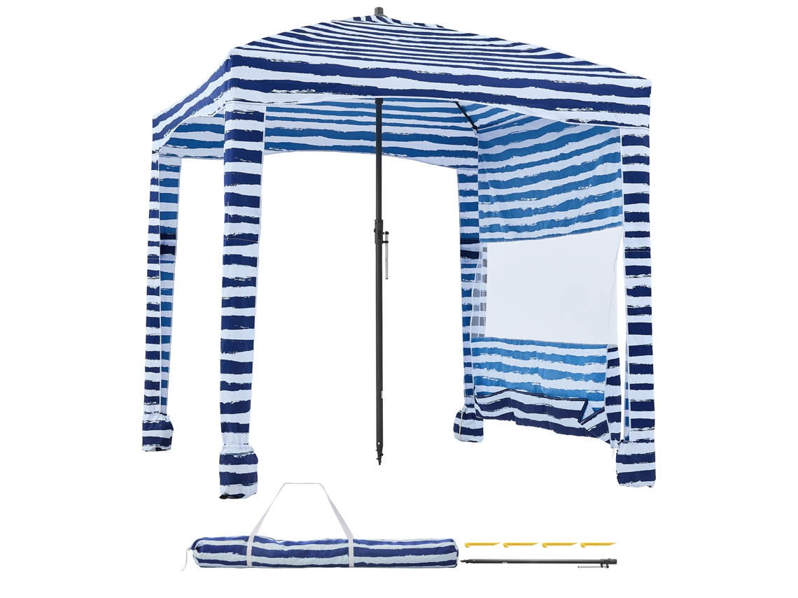 Cabana de Praia com Painel Lateral, Proteção Solar Upf 50+, Sacos Areia, Guarda sol Portátil para Aproveitar a Família e Amigos, Listras Azul Marinho