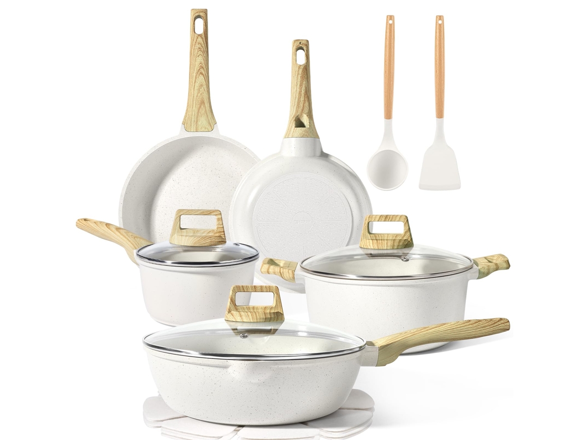 Conjunto De Panelas Antiaderentes Granito Branco 14 Peças, E Frigideiras, Compatível Com Indução Alumínio, Sem Pfos/pfoa