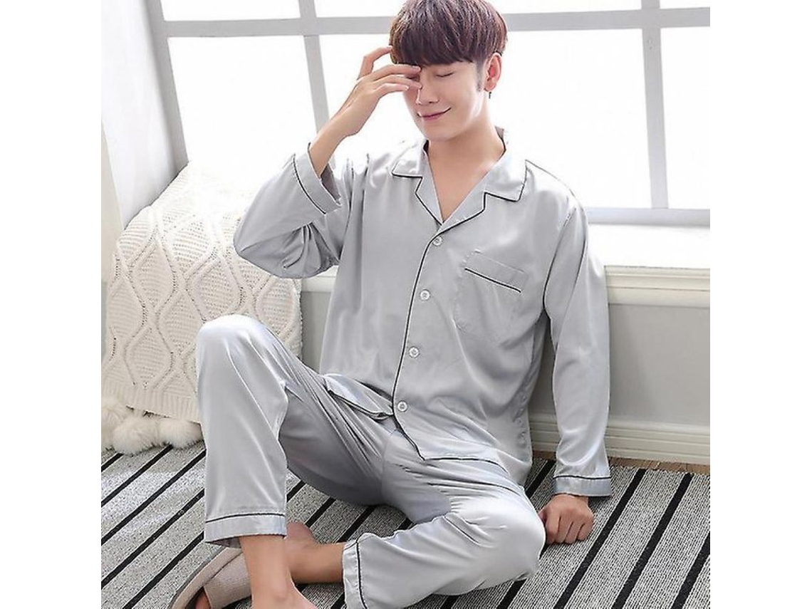 2026 conjunto de Pijamas de Seda Negra para Hombre Jm Junemaist Manga Larga Tallas L XL XXL XXXL Verano XXXL Pijama Masculino de Prata