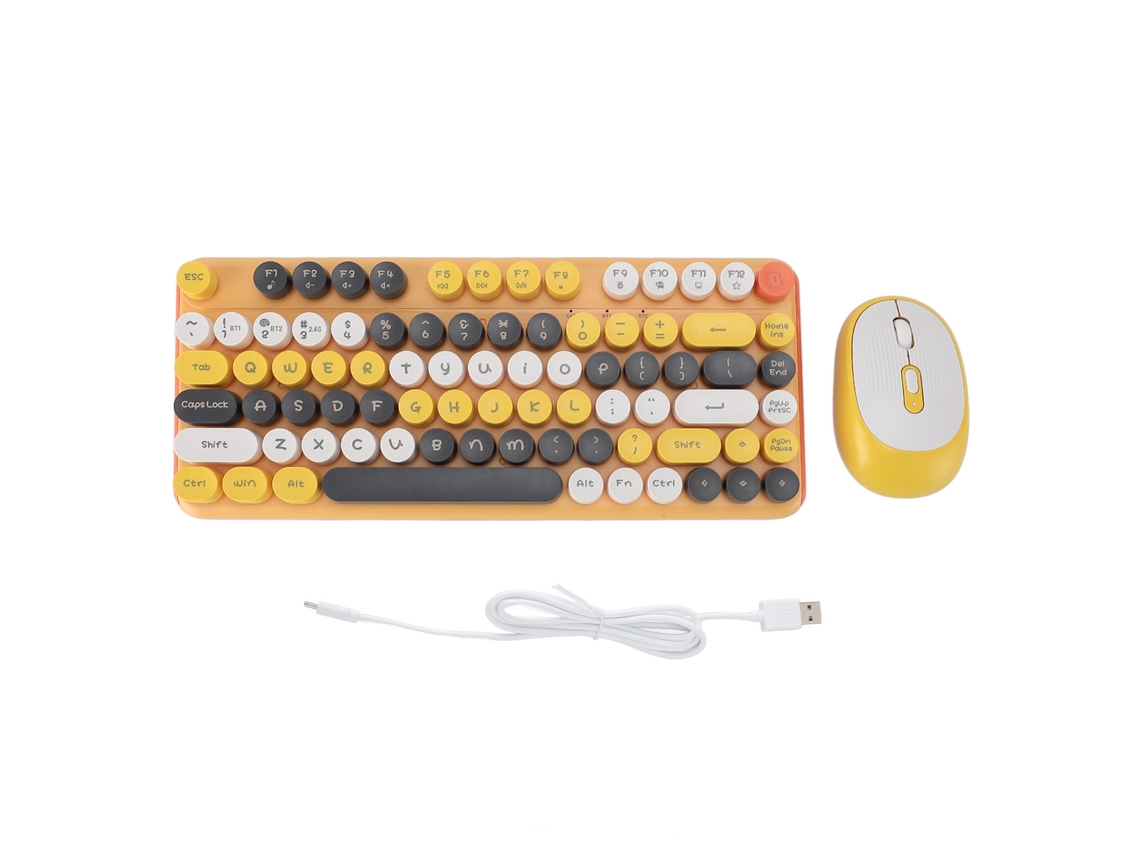 Combo De Teclado E Rato Sem Fio Bluetooth 2.4g Com Teclas Redondas Coloridas Retro Versão De Carregamento Amarelo