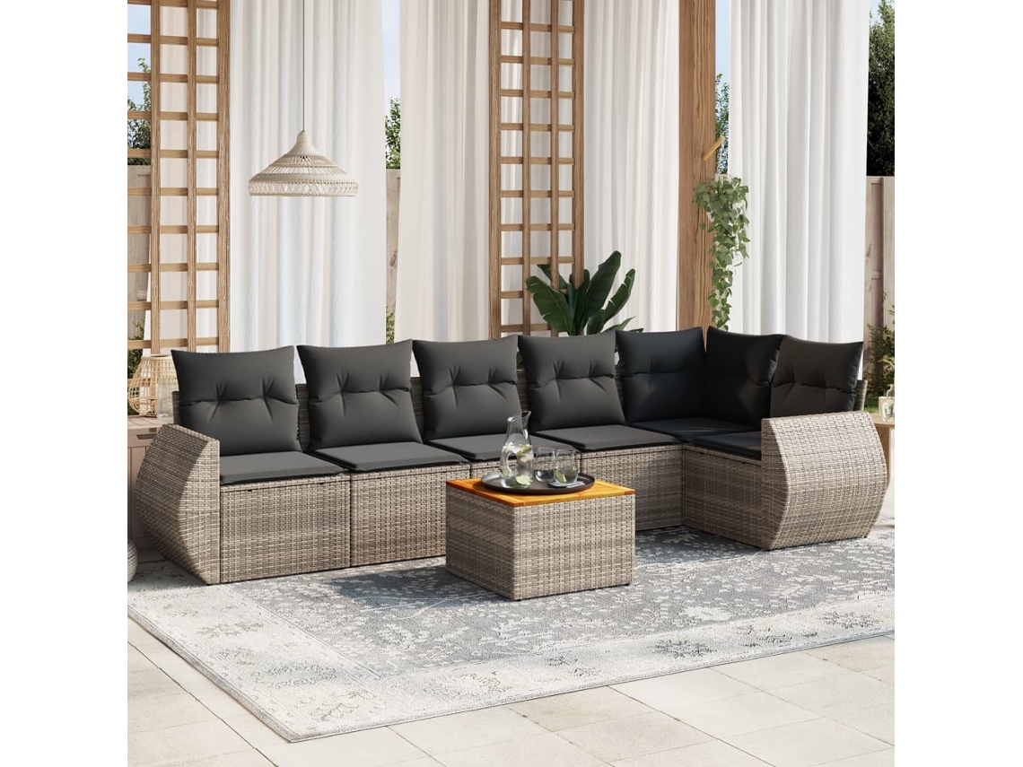 Vidaxl 7 Pcs Conjunto Sofás P/ Jardim C/ Almofadões Vime Pe Cinzento