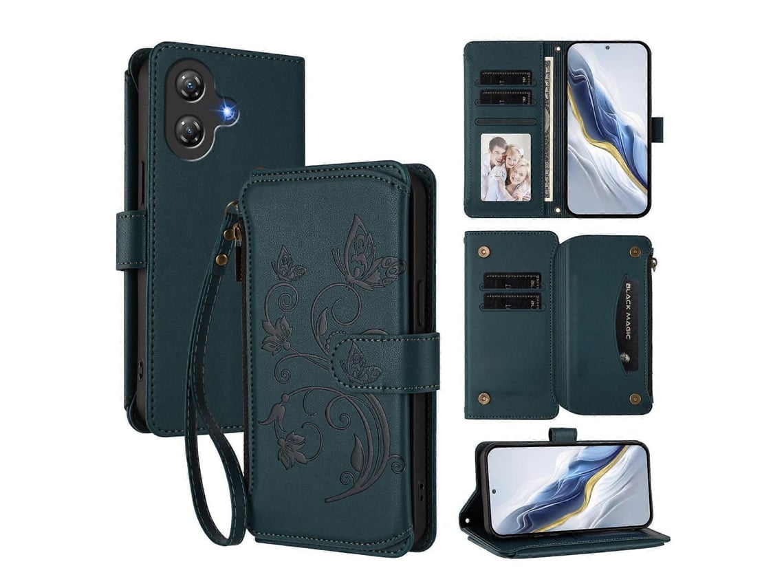 Capa De Celular De Couro Com Zíper E Várias Carteiras Com Estampa De Borboleta E Flor