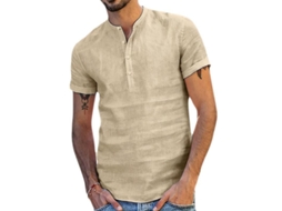 Camisa Henley Masculina De Manga Curta Estilo Linho Camiseta Casual Para Verão Khaki