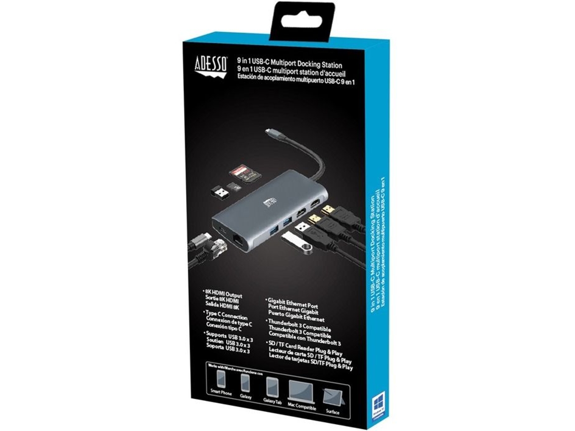 Estação host multiportas USB-C Adesso Auh 4040 9 em 1 (compatível com Taa)