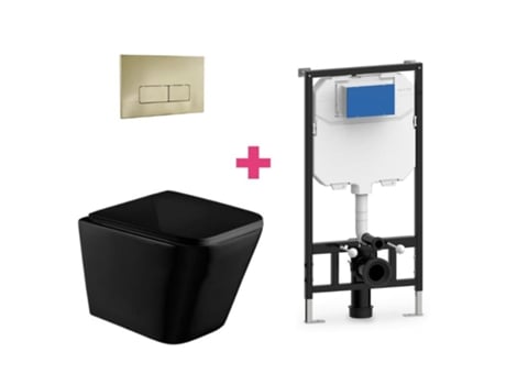 Conjunto de vaso sanitário suspenso de cerâmica preta fosca Aquore com cisterna retangular dourada e botão de descarga