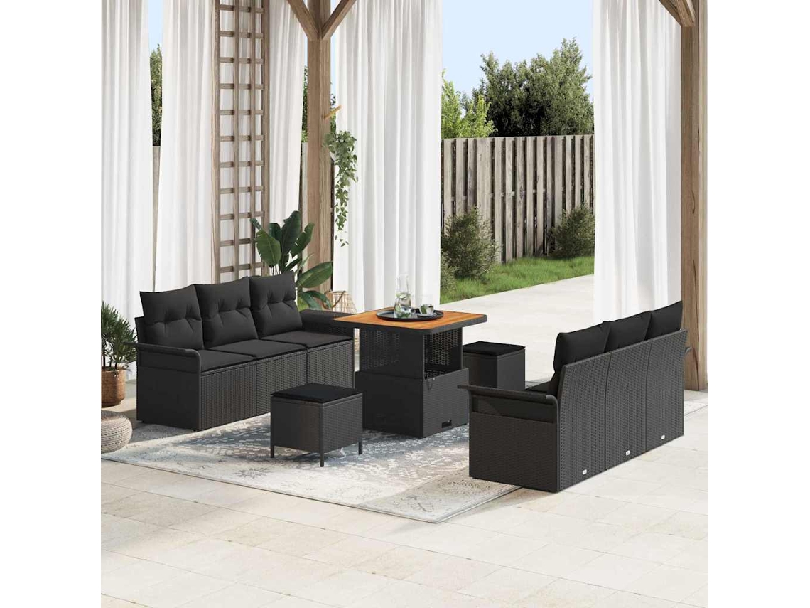 Vidaxl Conjunto De Sofá De Jardim Com Almofada 9 Pcs Preto