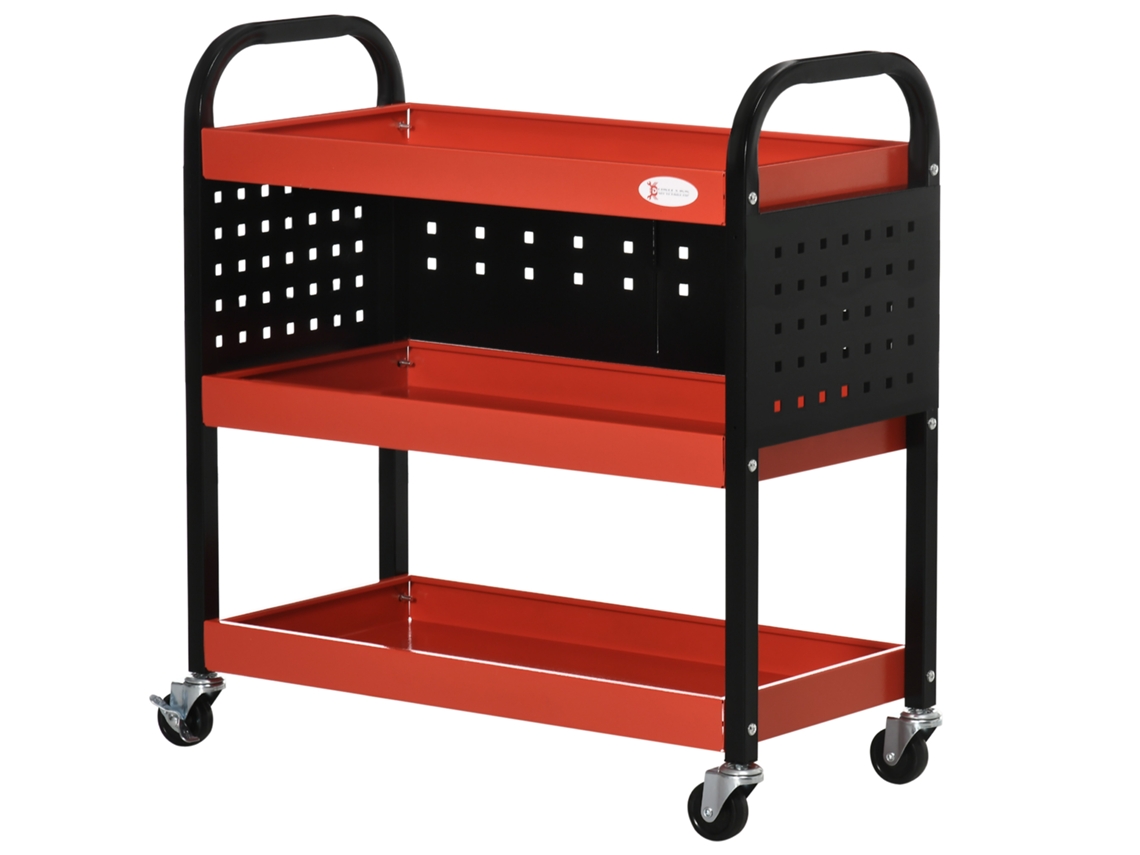 Carro De Ferramentas De Oficina De Aço Com 3 Prateleiras Rodas E Painéis Perfurados Para Garagem Mecânico Casa Carga 100 Kg 75x35x80 Cm Vermelho