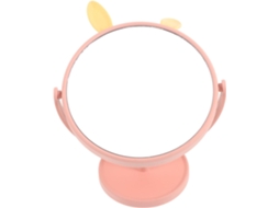 Espelho de plástico rosa com organizador de maquiagem em formato de coelho para mesa de trabalho ou sala de estar.