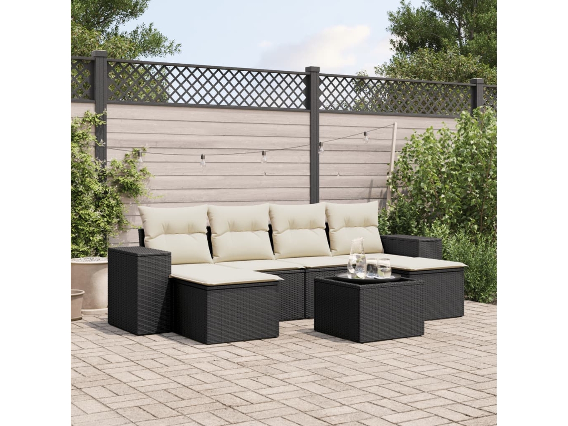 Vidaxl 7 Pcs Conjunto De Sofás P/ Jardim C/ Almofadões Vime Pe Preto