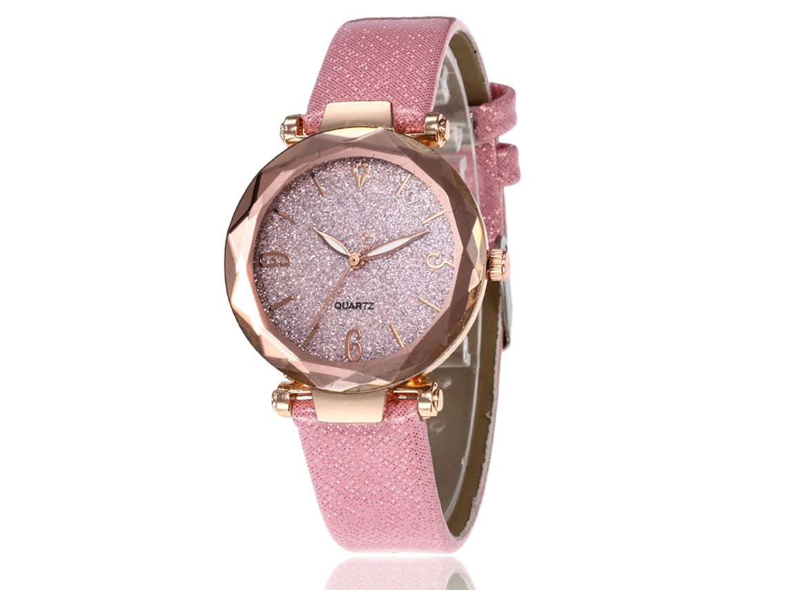 Relógio de Pulso Feminino com Pulseira de Pu Analógico Movimento de Quartzo Elegante Rosa