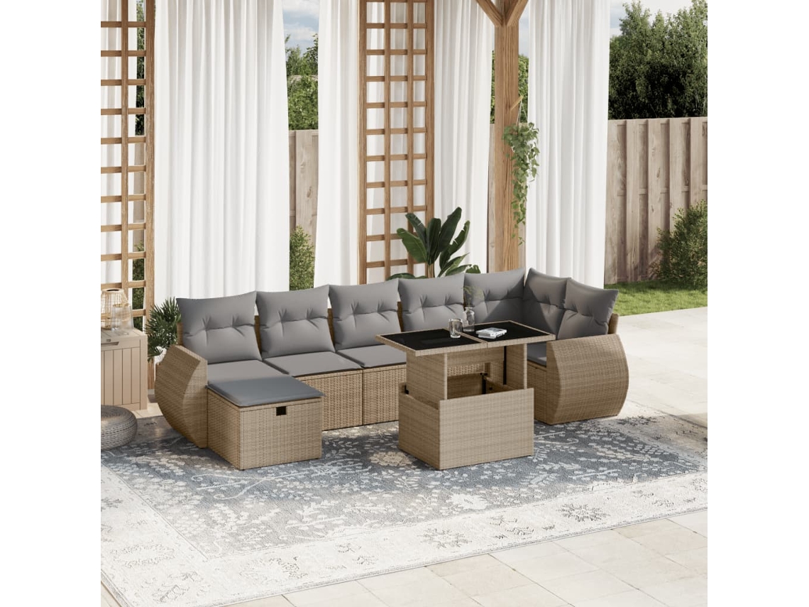 Vidaxl 8 Pcs Conjunto De Sofás P/ Jardim Com Almofadões Vime Pe Bege
