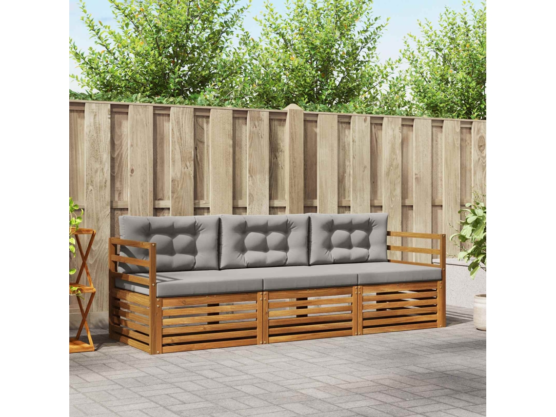 Vidaxl Conjunto De Sofás Para Exterior 3 Pcs Cinza Natural E Claro