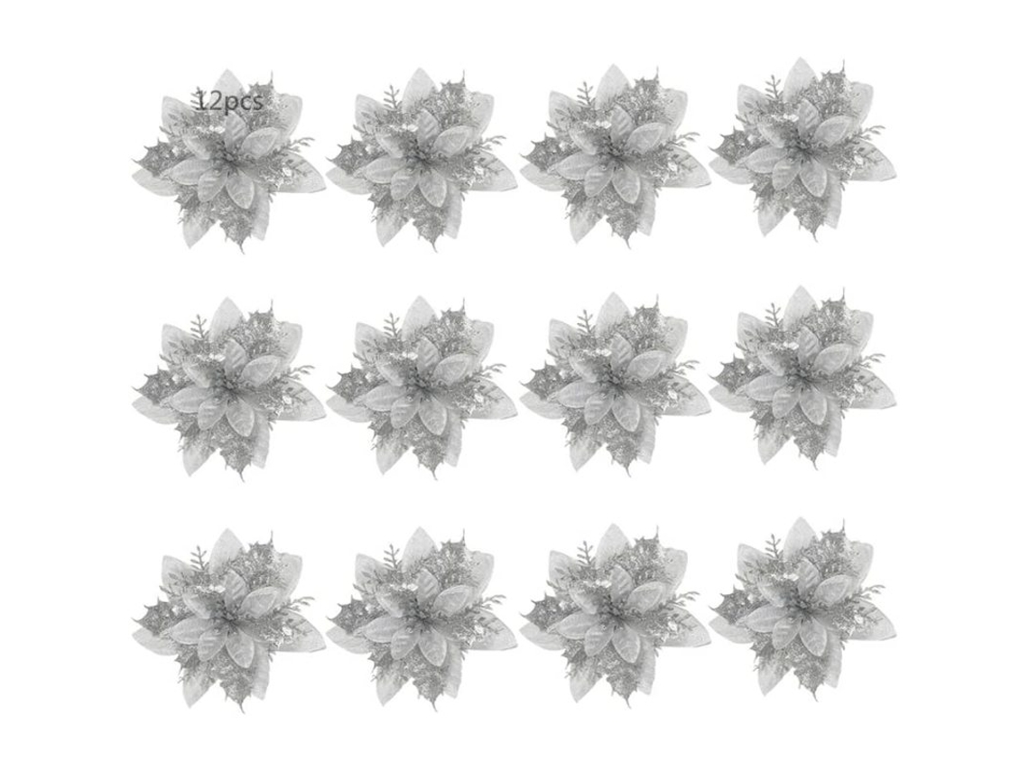24Pcs Flores de Natal Flores de Natal Artificiais Decorações para Árvores de Natal Poinsétia Glitter Árvore de Natal Glitter Flores de Nsilber