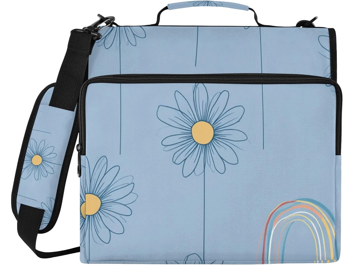 Organizador com 3 argolas, 8 cm, com estampa de girassol arco-íris em azul pastel, Alça, para diversas bolsas, material ideal.