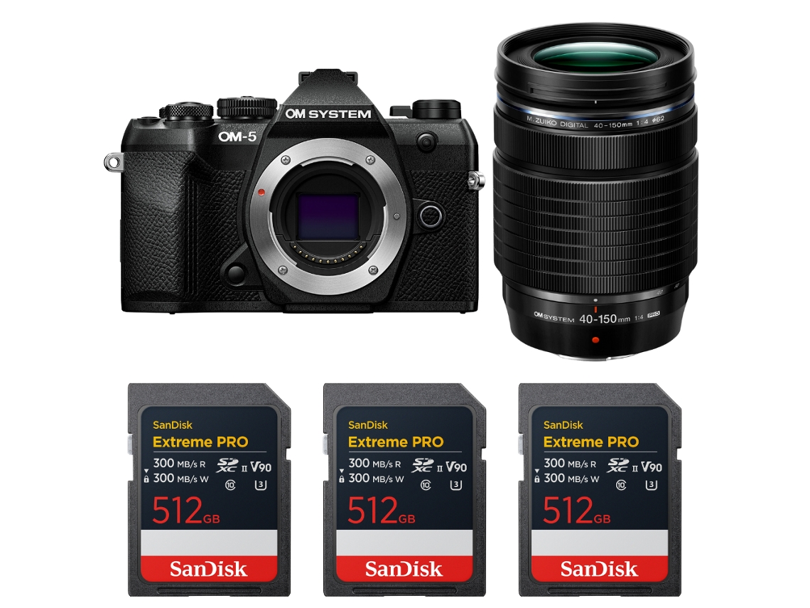 Om 5 Mark Ii Preto + 40 150mm F/4 Pro + 3 Sandisk 512gb Extreme Pro Uhs ii Sdxc + Ebook “20 Dicas para Fotos Que Impressionam” OM SYSTEM