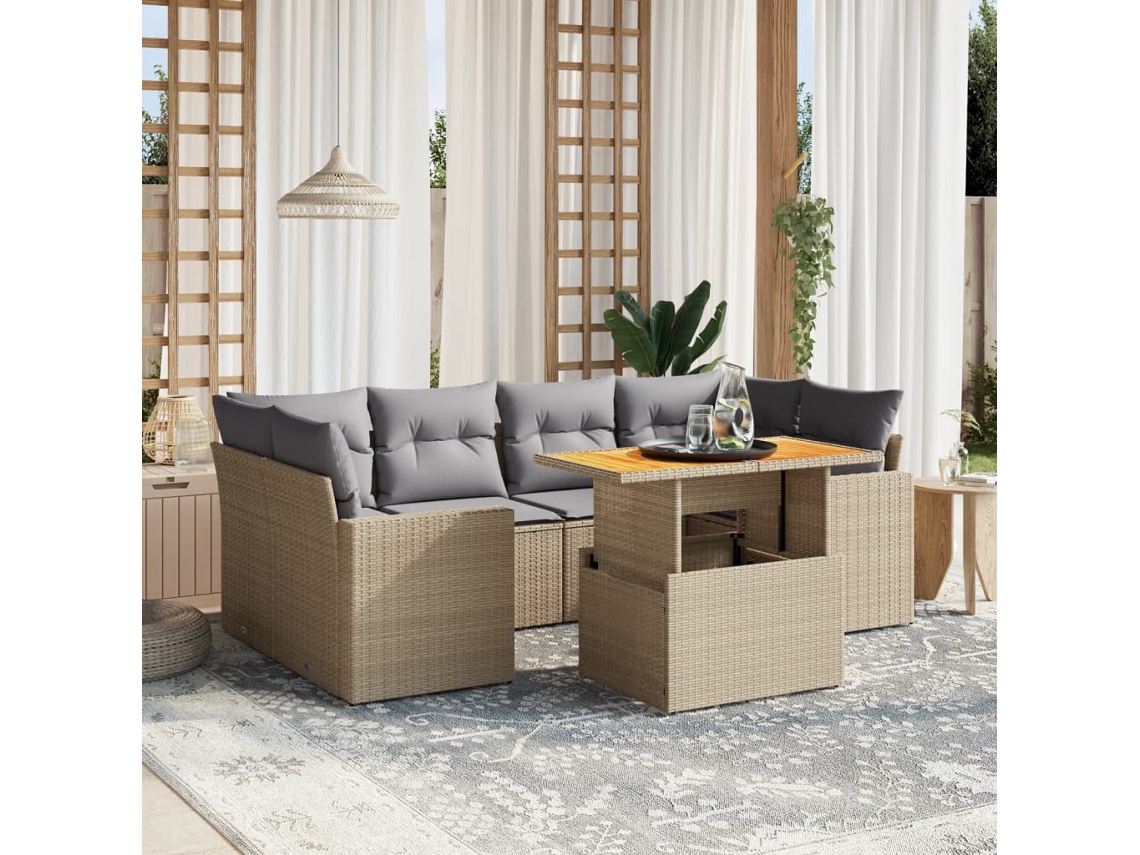 Vidaxl 7 Pcs Conjunto De Sofás P/ Jardim Com Almofadões Vime Pe Bege