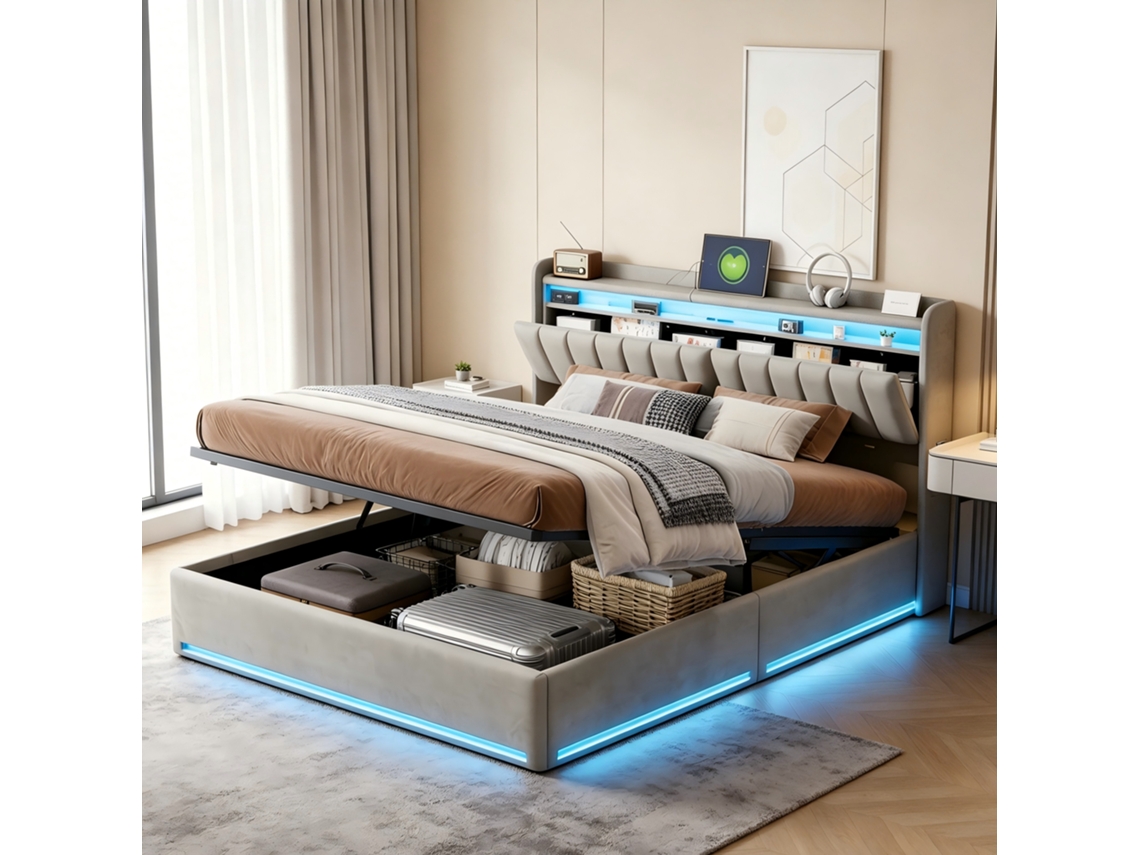 Cama casal com armazenamento 140x190 cm, ripas, luz LED, USB, bolsos laterais, hidráulica, veludo cinza | ROSAHQNDA