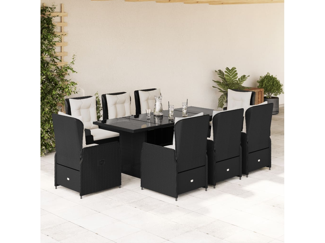 Vidaxl 9 Pcs Conjunto De Jantar P/ Jardim C/ Almofadões Vime Pe Preto