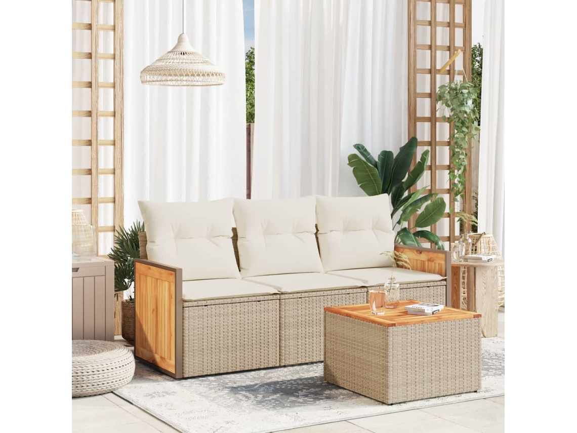 Vidaxl 4 Pcs Conjunto De Sofás Para Jardim C/ Almofadões Vime Pe Bege