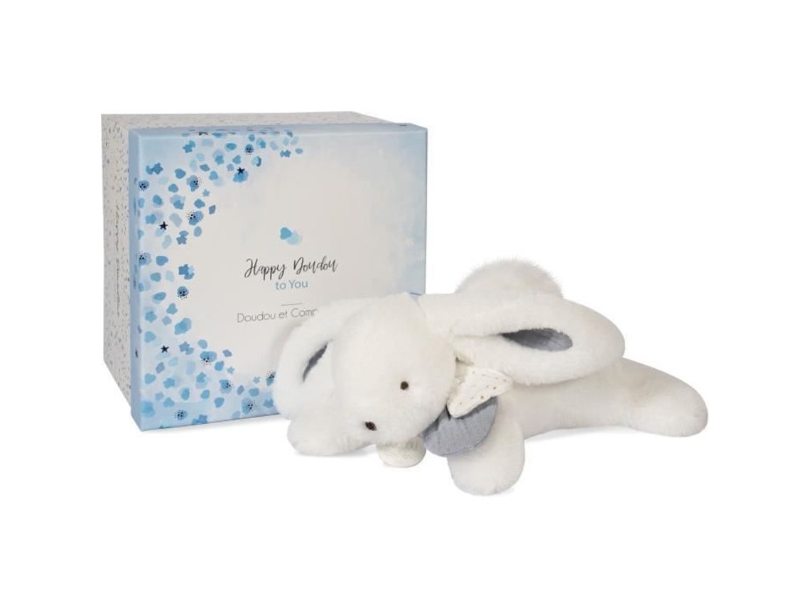 DOUDOU ET COMPAGNIE Coelho de Pelúcia -25 Cm Branco / Azul Pompom Coelho Caixa de Presente Bonita Happy Glossy Happy Doudou To You