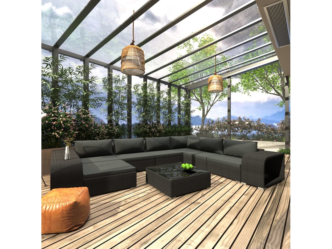 Vidaxl 10 Pcs Conjunto Lounge De Jardim C/ Almofadões Vime Pe Preto