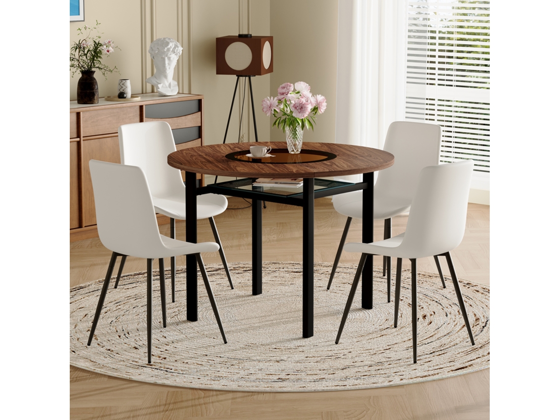 Conjunto Mesa Redonda 100cm, Madeira Marrom, Armazenamento Integrado, 4 Poltronas Brancas Pu, Sala/cozinha-qq