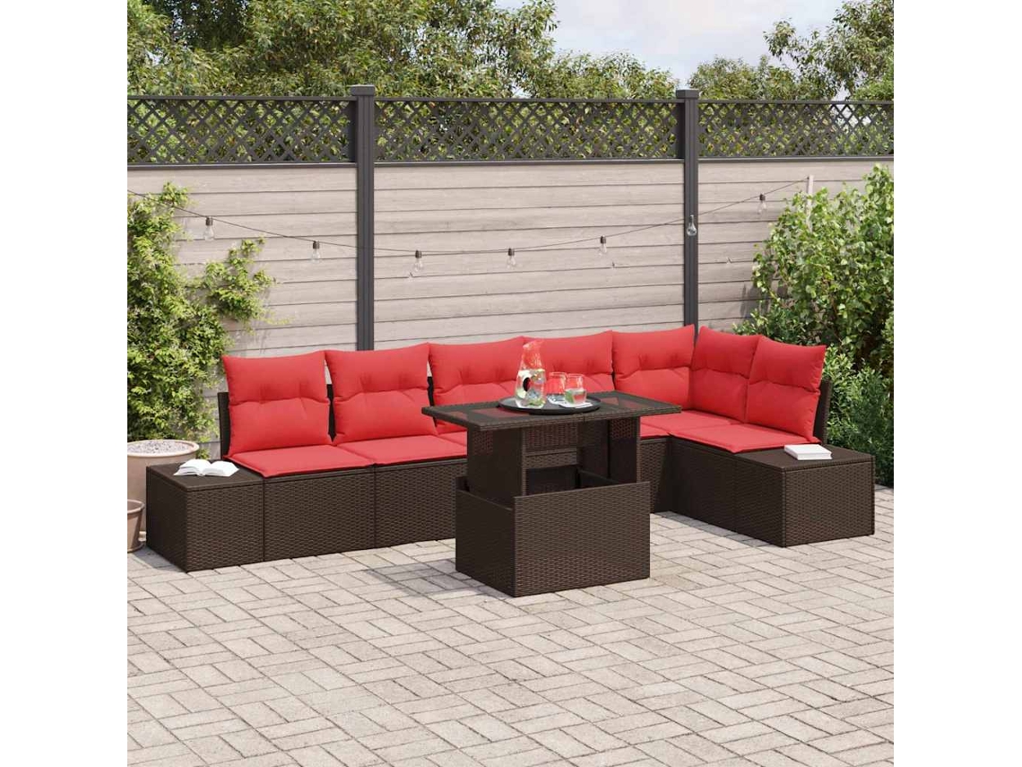 Vidaxl Conjunto De Sofá De Jardim 7 Pcs Marrom E Vermelho Vime Pe