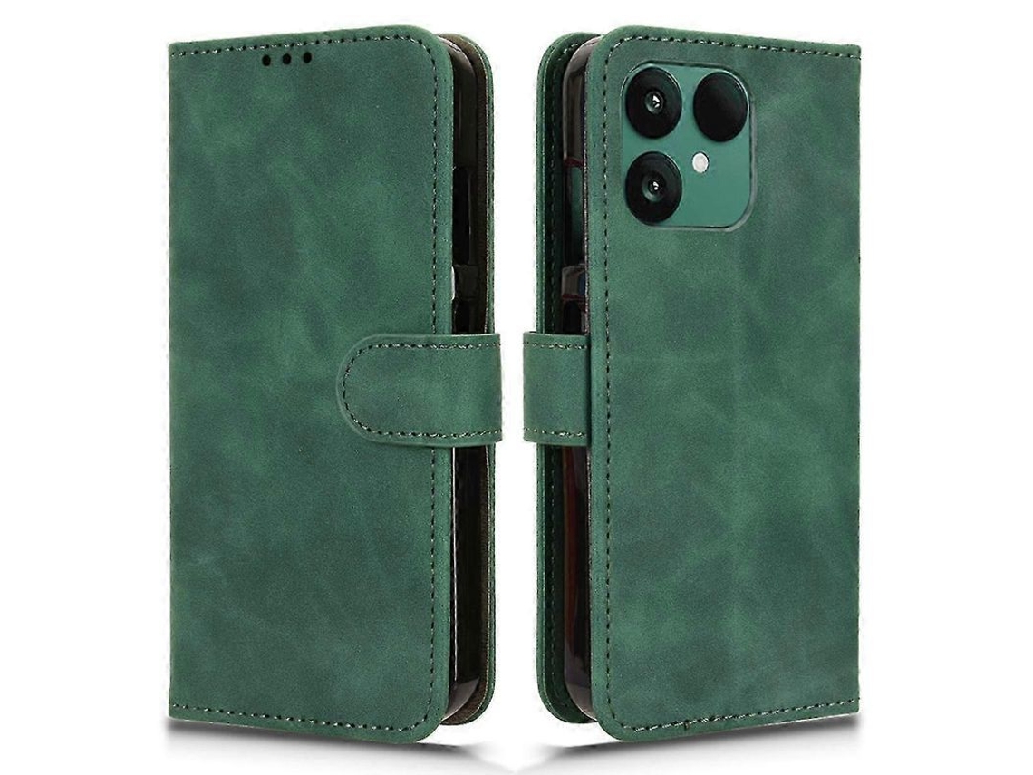Capa de couro dobrável para Fairphone 6 com compartimentos para cartões e suporte ajustável, verde e resistente a impactos.
