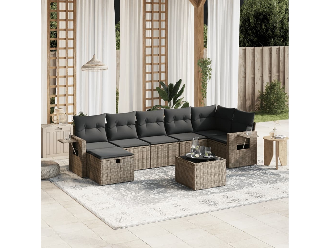 Vidaxl 8 Pcs Conjunto Sofás De Jardim C/ Almofadões Vime Pe Cinzento