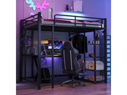 Cama Alta Metálica Com Escada 140*200 Cm, Cama Júnior Casal Com Mesa, Cabides Simples E Compartimentos De Arrumação.