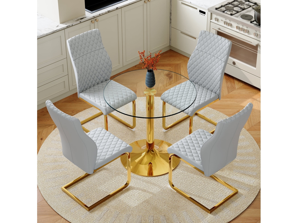 Conjunto Mesa e Cadeiras 85 Cm Mesa Redonda Vidro, Estrutura Metálica Dourada + 4 Cadeiras Cinza Claro/dourado Moderno NOVELA S/MARCA
