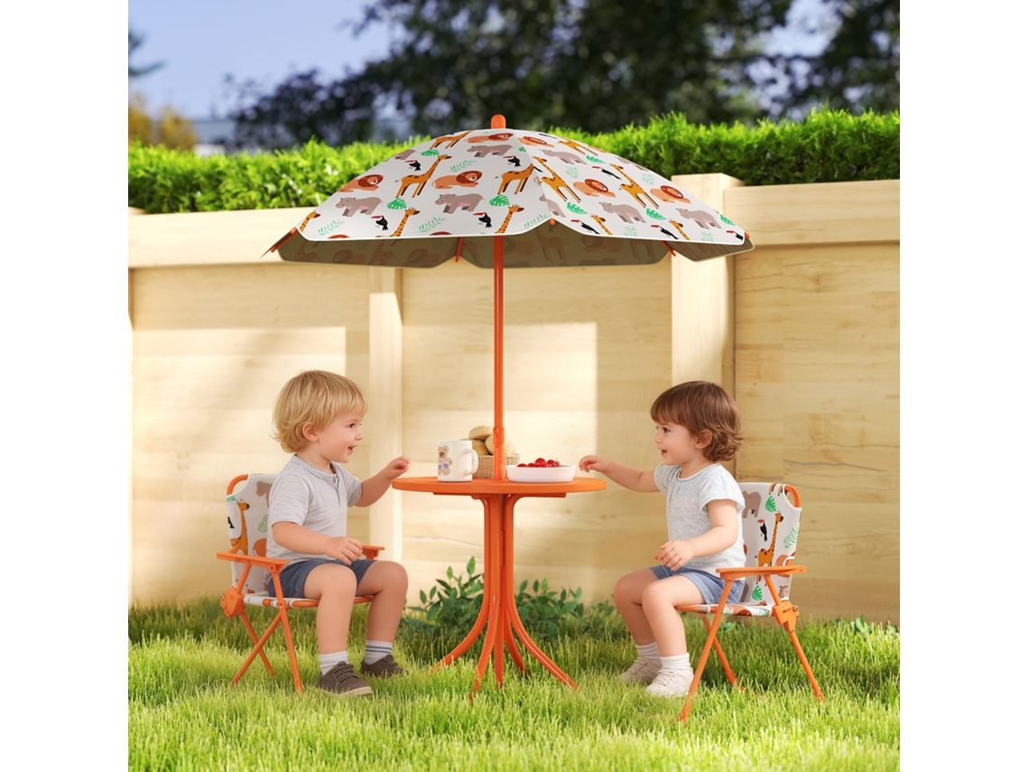 Conjunto De Jardim Infantil Com Mesa De Piquenique E Guarda-sol Laranja.
