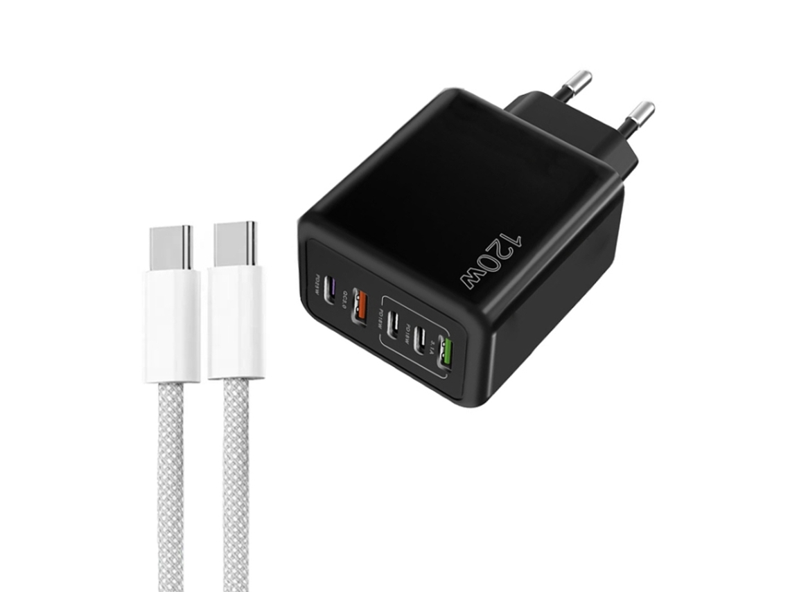 Carregador Rápido Multiportas Usb Pd3.0 3 Tipo C 2 de 120 W com Cabo Tipo C para Tipo C, plugue UE preto XIAOMOYU