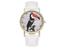 Relógio analógico de quartzo com pulseira de PU para mulheres/homens, estampa de pássaro fofo (branco)