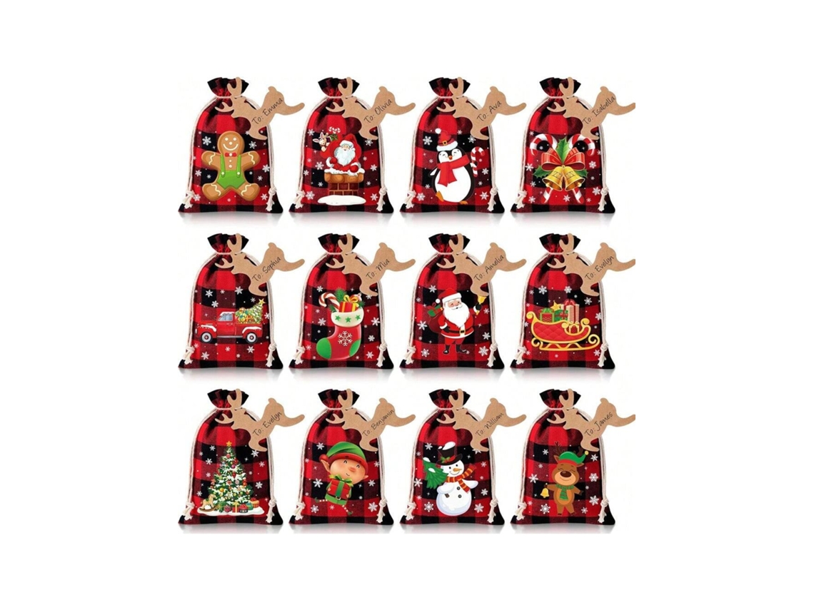 Conjunto De Sacolas De Xadrez De Natal, Sacolas De Algodão Com Cordão, Embalagem Para Doces Igvtrade (12 Sacolas 1014cm 12 Rótulos 10m Corda De Juta)
