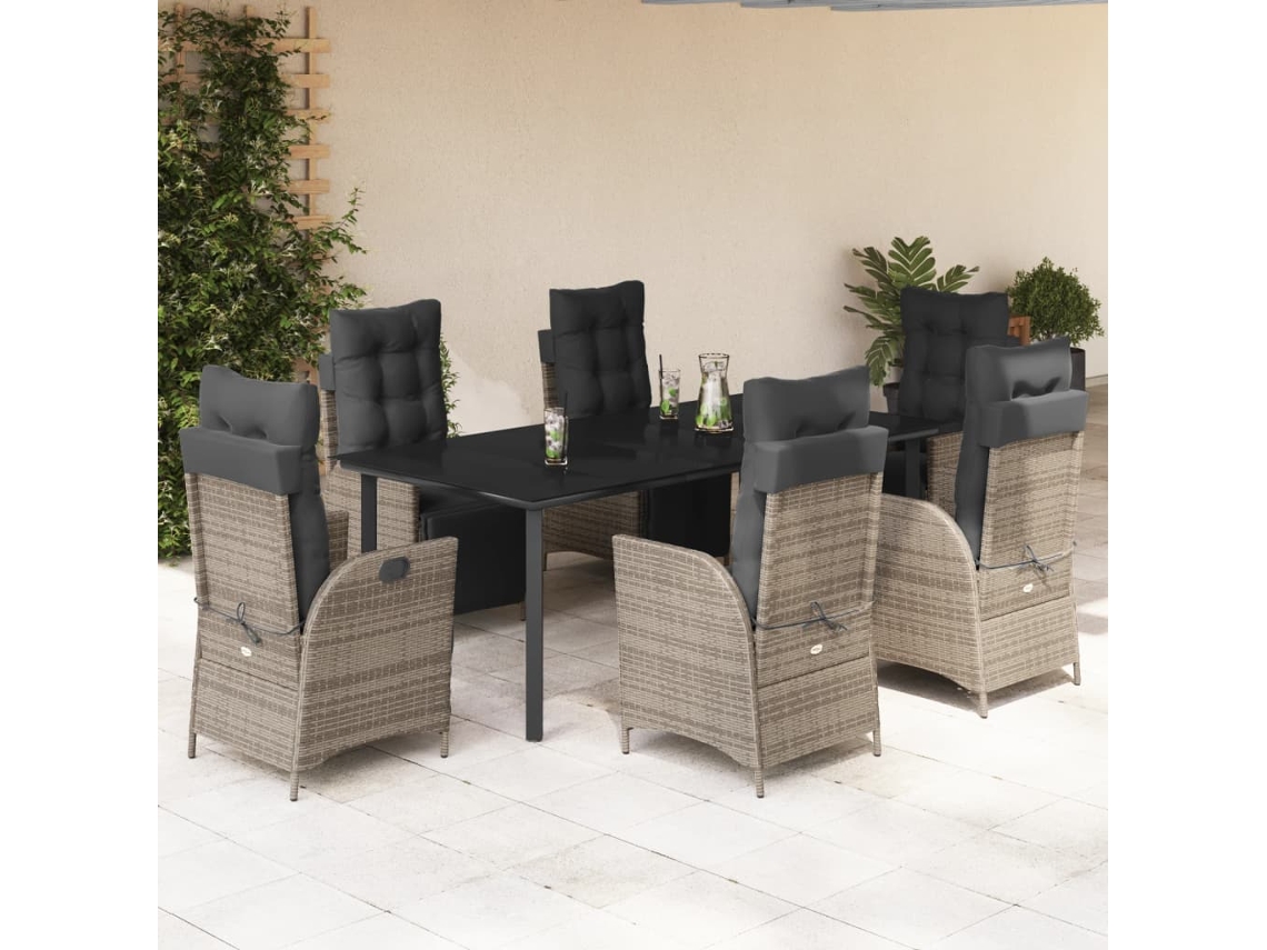Vidaxl 7 Pcs Conjunto De Jantar P/ Jardim C/ Almofadões Vime Pe Cinza
