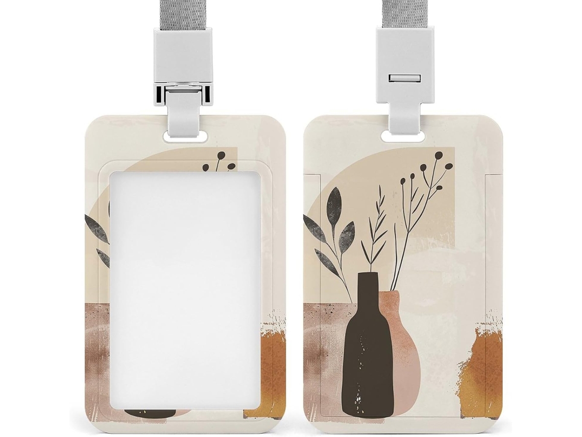 Porta-crachá de plástico resistente, com estampa bege e marrom, para cartões de crédito/débito ou crachás de trabalho.