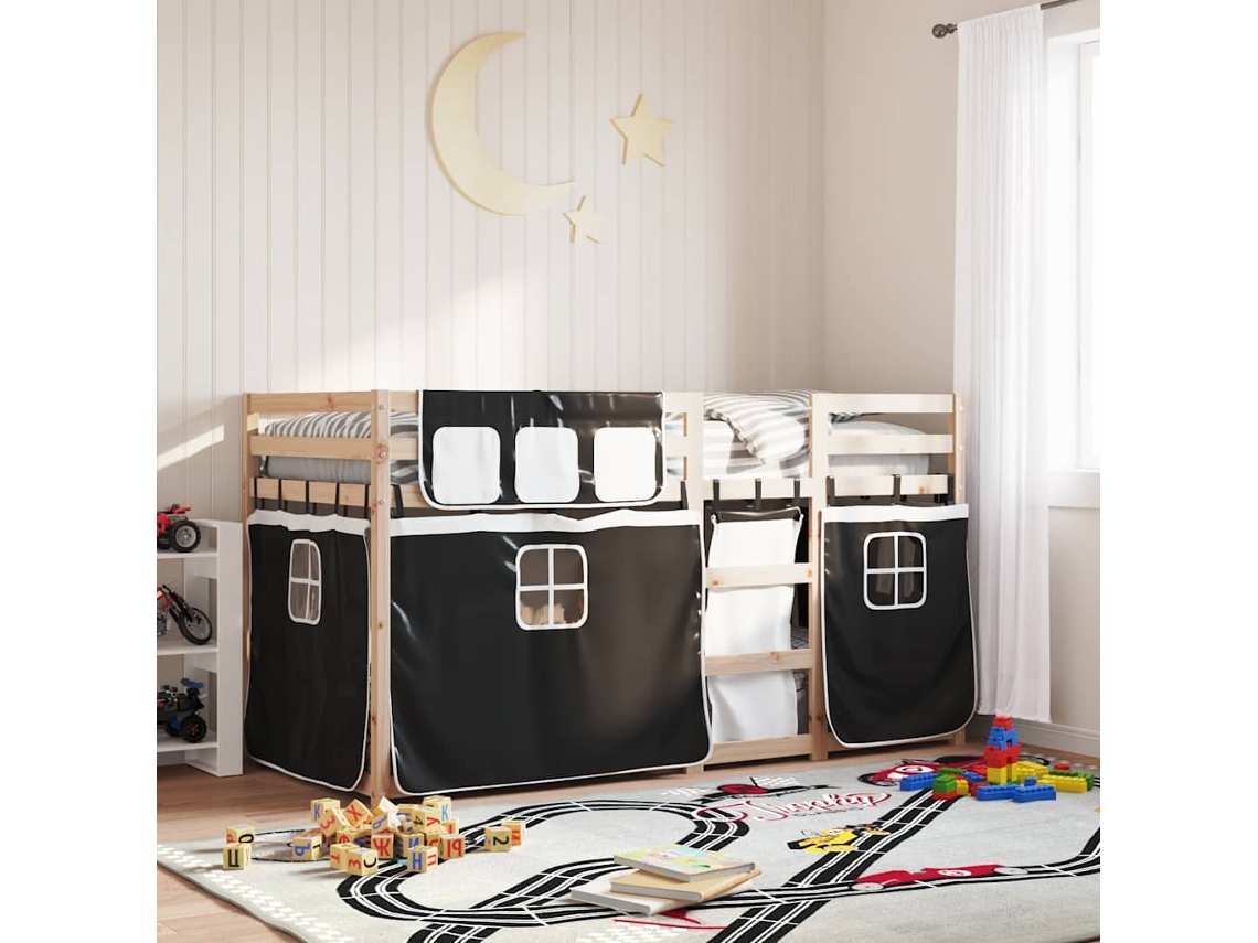 Beliche Com Cortinas 80x200 Cm Pinho Maciço Branco E Preto