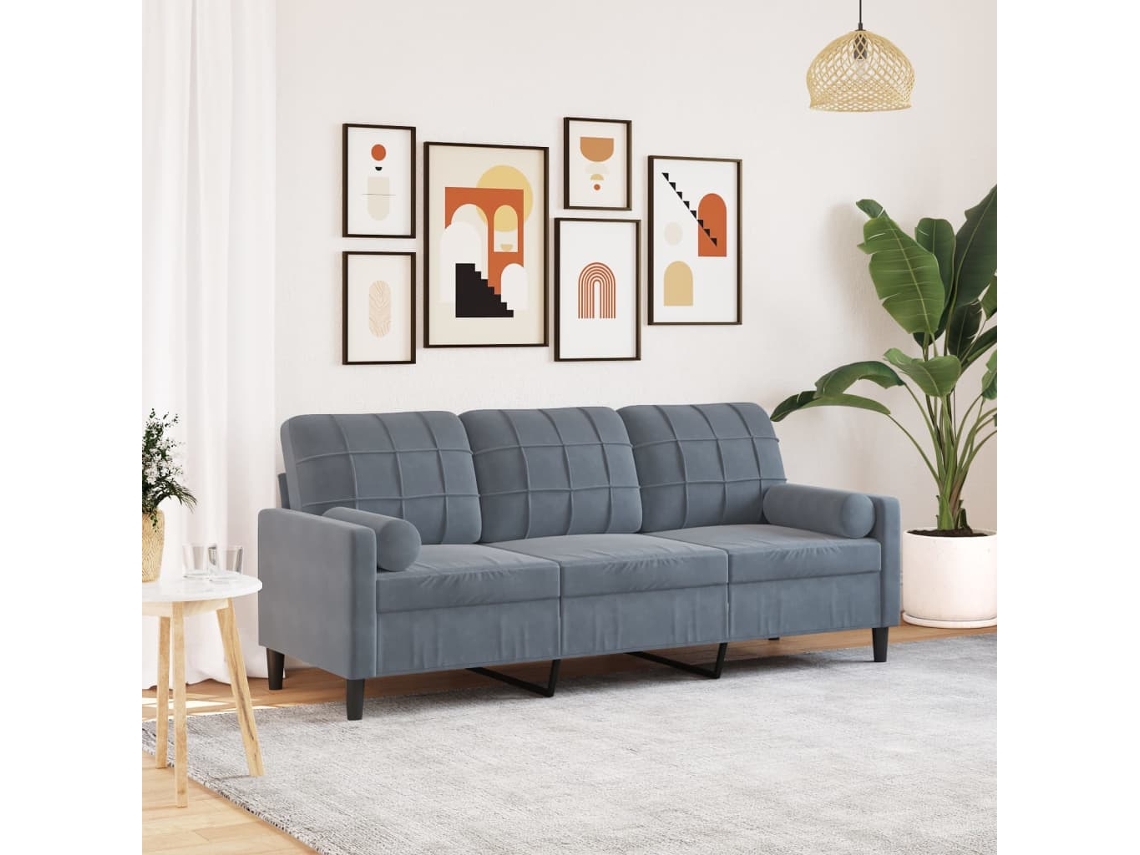 Vidaxl Sofá 3 Lug. C/ Almofadas Decorativas 180 Cm Veludo Cinza-escuro