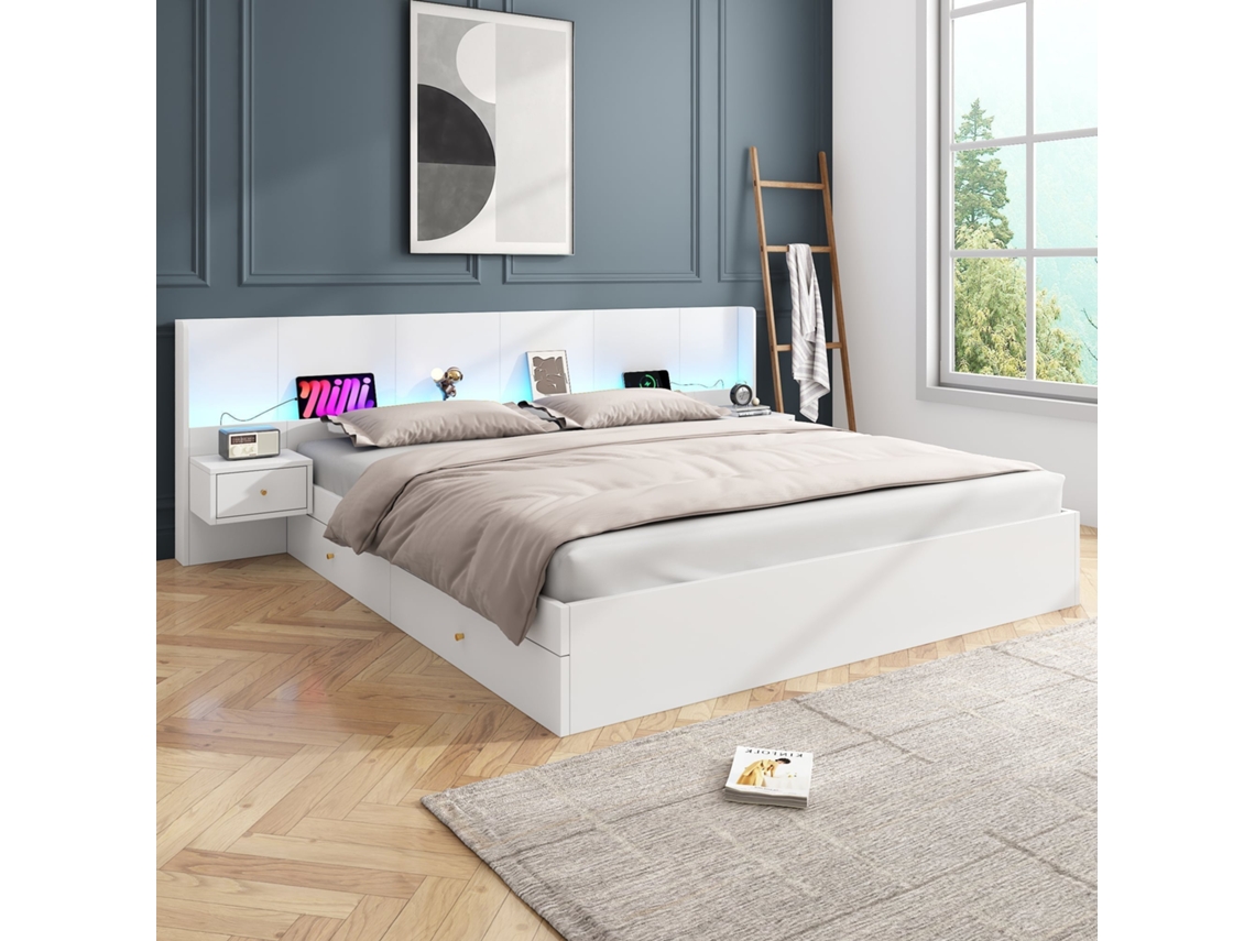 Cama de Casal 180x200cm, com LED app, USB, tomadas, 2 criados-mudos com gavetas, capacidade 300kg, sem colchão, branco, KOMHTOM